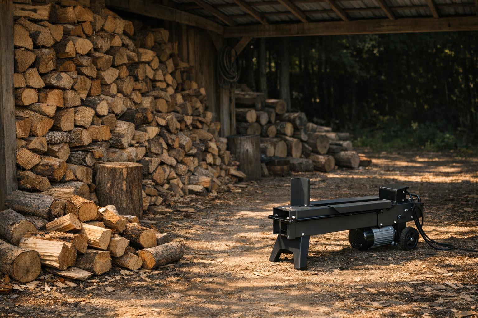 Covered firewood work area AI-generated editorial illustration.