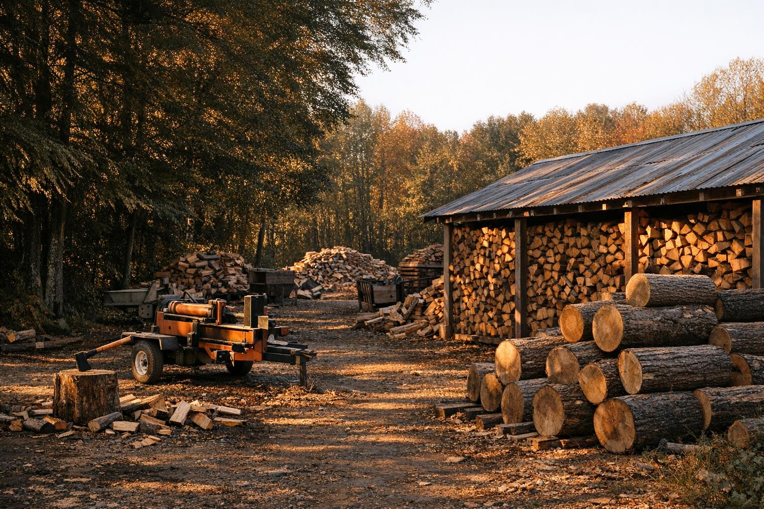 Compare log splitters by stated tonnage, drive type and log limits, with captured review evidence and clear limits. AI-generated editorial illustration.
