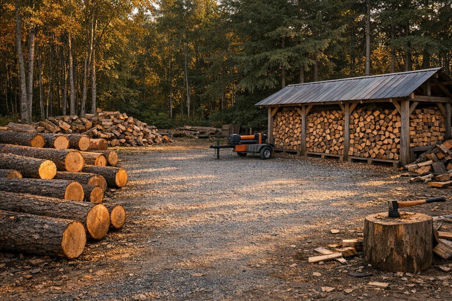 Seasoning Firewood After Splitting: Plan the Storage AI-generated editorial illustration.